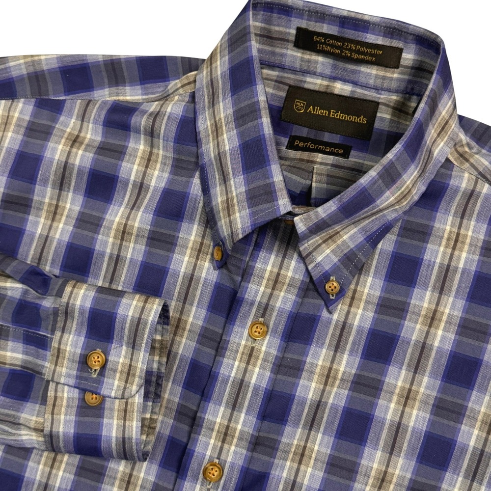 Allen Edmonds Mens Blue Plaid Button Down Performance Long Sleeve Dress Shirt M